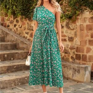 Green One-Shoulder Floral Midi Dress with Tie Waist by